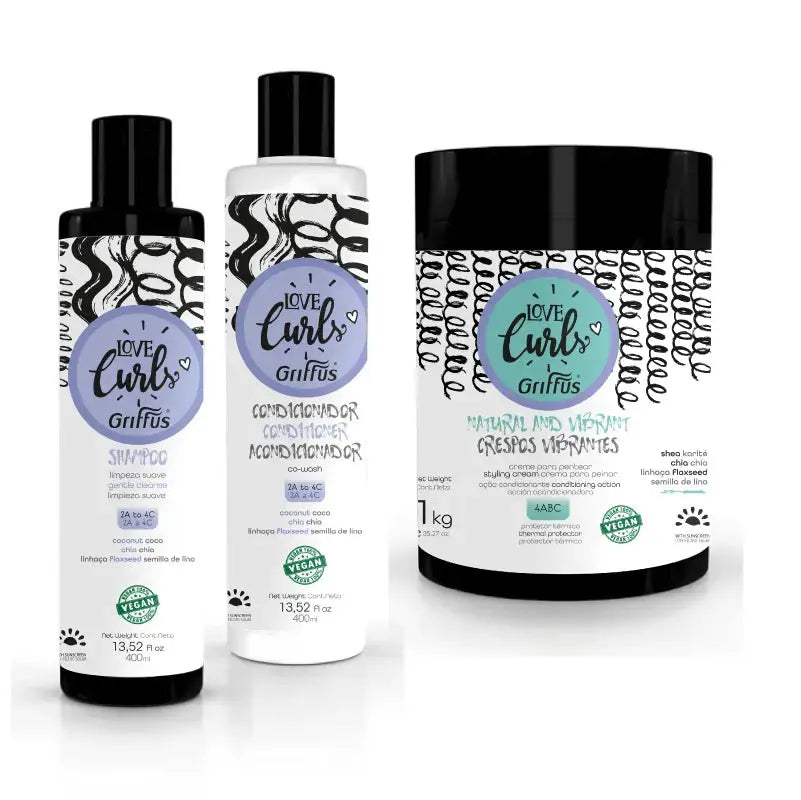 Kit (4ABC) Crespos - Shampoo + Condicionador 400 ml + Creme para Pentear LOVE CURLS Griffus Cosmeticos