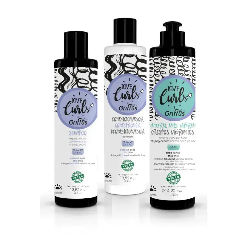 Kit (4ABC) Crespos - Shampoo + Condicionador 400 ml + Creme para Pentear LOVE CURLS Griffus Cosmeticos